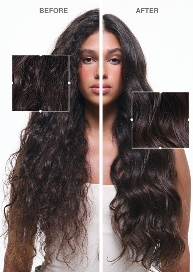 A woman with long, straight brown hair is divided in the center of the image, showcasing two different sections of her hair. One section appears frizzy and textured, while the other is smooth and sleek. She is wearing a black sleeveless top and has a neutral expression.