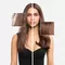 A split image of a woman with long, straight brown hair, wearing a black top. Sections of her hair are zoomed in and displayed on either side.