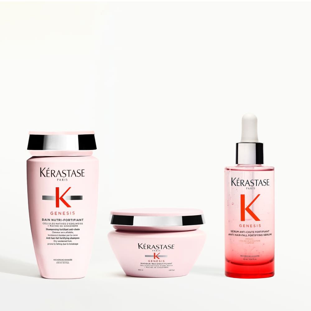 Conjunto de tres productos Kerastase Genesis: champu, mascarilla y serum, para un cuidado capilar completo.