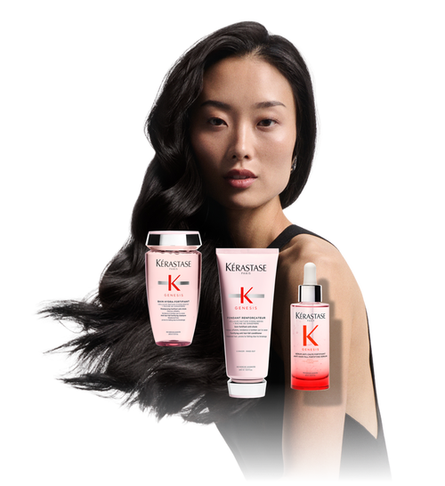 Mujer mostrando los productos Kerastase Genesis (champu, acondicionador, serum) superpuestos, ilustrando la rutina.