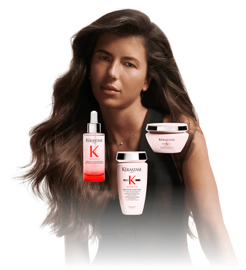 Mujer mostrando la mascarilla, el champu y el serum Kerastase Genesis superpuestos, ilustrando una rutina de cuidado.