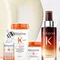 A collection of Kerastase Nutritive hair care products, including a serum, conditioner, and cream, displayed with a creamy texture in the background.