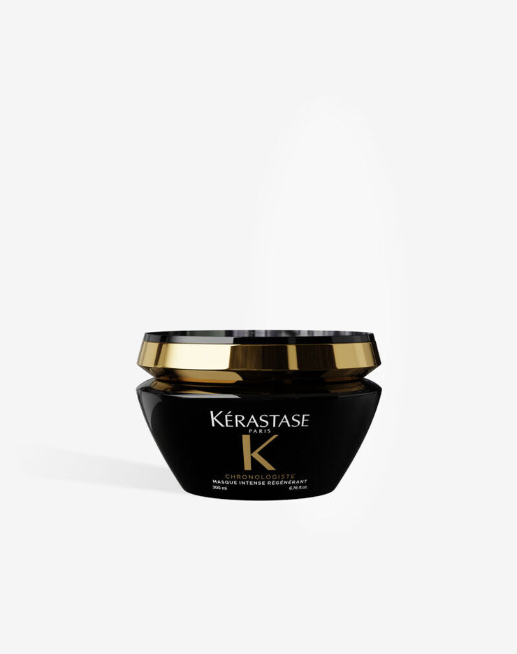 Mascarilla capilar Kerastase Chronologiste Masque Intense Regenerant en un tarro negro de calidad premium con tapa dorada.