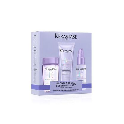 Set de productos para el cuidado del cabello rubio de Kerastase, que incluye champu, acondicionador y tratamiento.