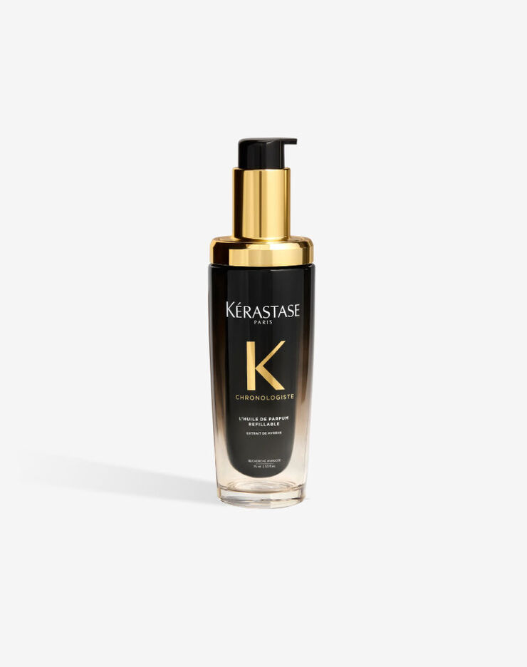 Aceite capilar recargable Kerastase Chronologiste L'Huile de Parfum en un lujoso frasco con degradado de negro a transparente y dosificador dorado.