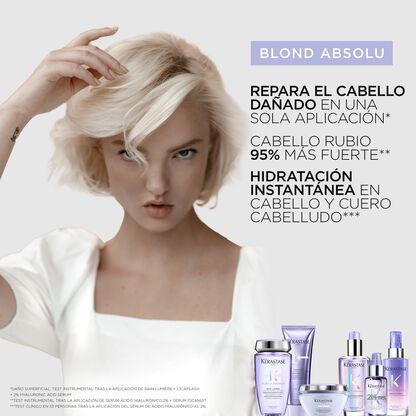 Imagen de productos de cuidado capilar Blond Absolu de Kerastase, destacando reparacion y hidratacion para cabello rubio.
