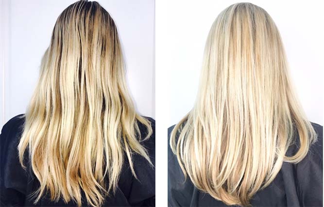 Antes y después de un tratamiento capilar, mostrando un cabello rubio más saludable y brillante.