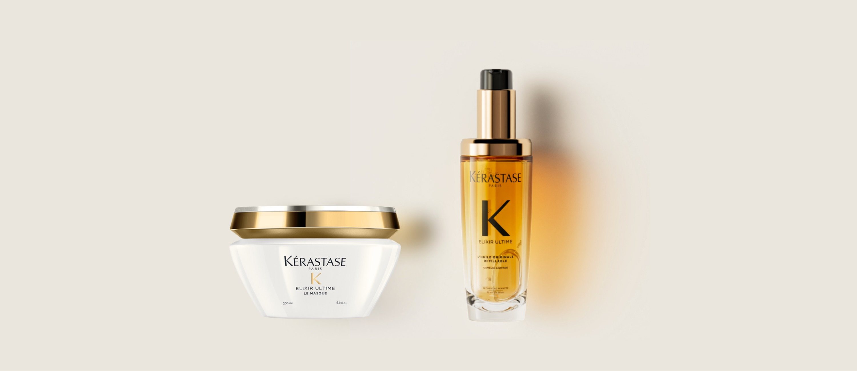 La mascarilla Elixir Ultime y el nuevo aceite recargable Elixir Ultime se presentan sobre un fondo beige.
