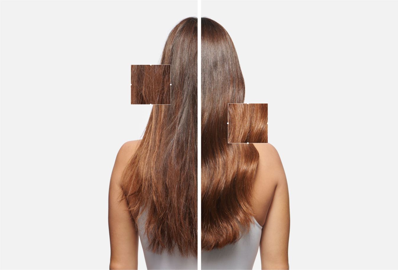 Mujer con cabello largo, mostrando la diferencia entre un cabello sin brillo y otro suave y brillante.