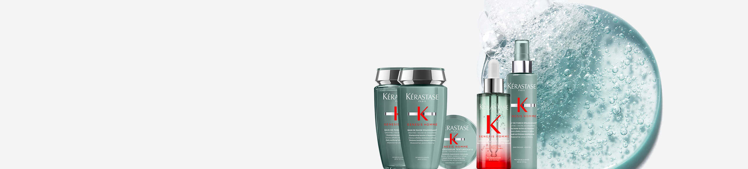 Productos de cuidado capilar de Kérastase sobre un fondo blanco, con burbujas y agua en movimiento.