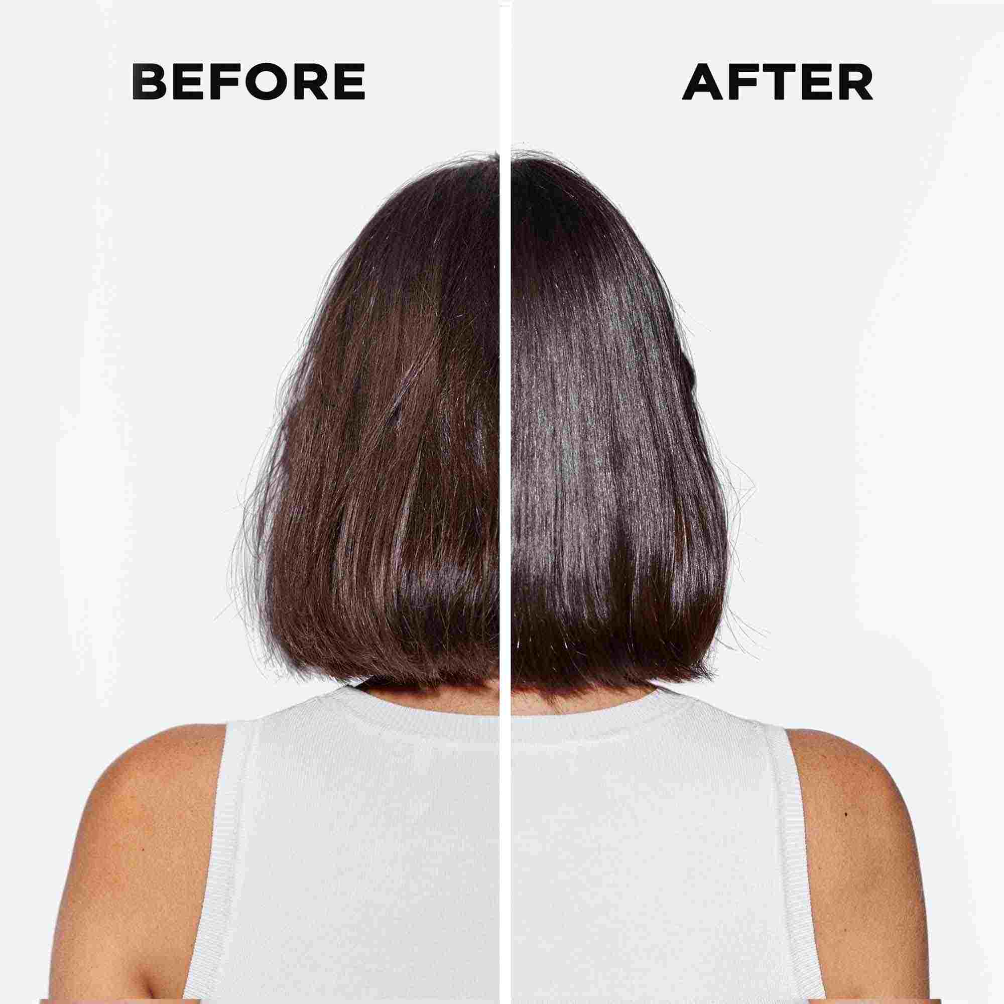 Mujer con un cambio de peinado, mostrando el antes y después de un corte de pelo. A la izquierda, cabello oscuro y desordenado; a la derecha, un bob pulido y brillante.